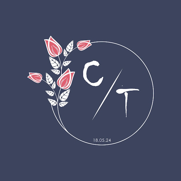 CT monograma inicial algunas rosas círculo de boda con diseño creativo