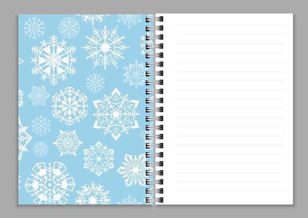 Cuaderno abierto cuaderno realista o cuaderno de bocetos o cuaderno con páginas encuadernadas en espiral de anillo y copos de nieve blancos cubierta de color azul papelería de vacaciones de invierno ilustración vectorial