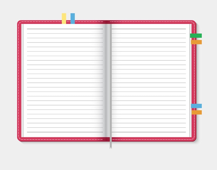 Vector cuaderno abierto sobre fondo gris claro, ilustración vectorial