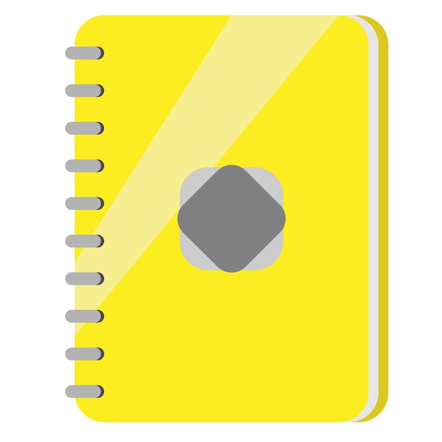 Un cuaderno amarillo con un cuadrado gris en la tapa.