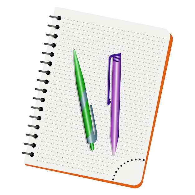 Cuaderno, bolígrafo verde y bolígrafo morado sobre un fondo blanco.