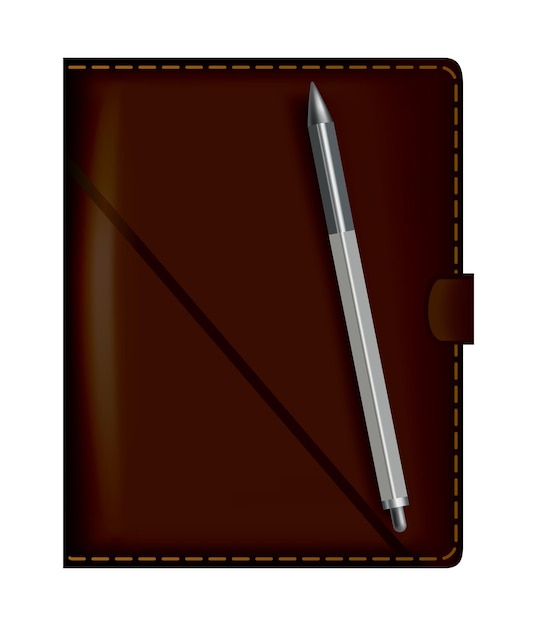 Cuaderno de cuero Maqueta de cuaderno marrón realista para marca e identidad corporativa Bloc de notas con lápiz o pluma ilustración vectorial aislada sobre fondo blanco