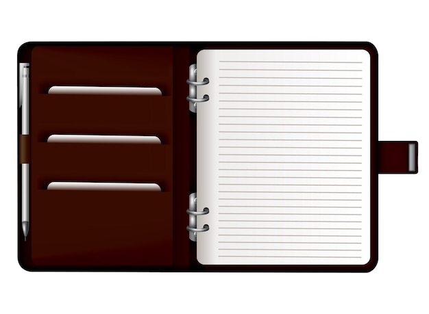 Cuaderno de cuero Maqueta de cuaderno marrón realista para marca e identidad corporativa Bloc de notas con lápiz o pluma ilustración vectorial aislada sobre fondo blanco
