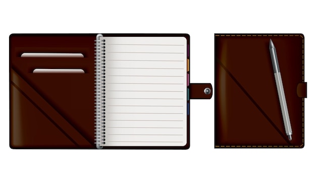 Cuaderno de cuero Maqueta de cuaderno marrón realista para marca e identidad corporativa Bloc de notas con lápiz o pluma ilustración vectorial aislada sobre fondo blanco