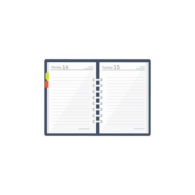Cuaderno en un estilo plano Recordatorio diario Planificador de negocios Folleto Papel Ilustración vectorial