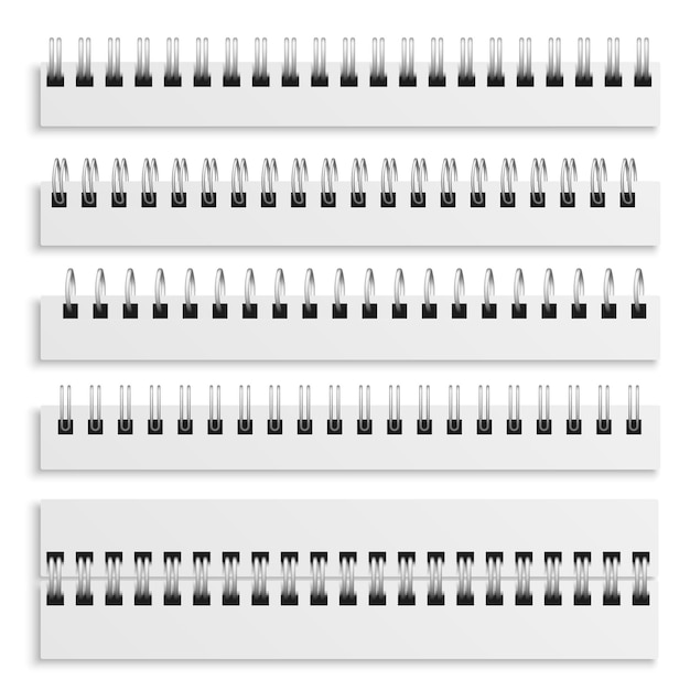 Vector cuaderno de hojas de encuadernación en espiral. conjunto de espirales con cable de hierro realista, calendario diario o plantilla de maqueta de alambre de anillo de metal de libro de texto, colección de ilustraciones aisladas de vectores 3d