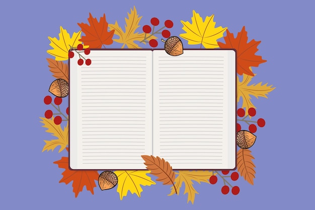 Cuaderno de otoño con hojas de bellota y bayas sobre un fondo púrpura