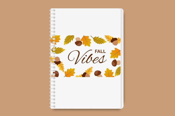 Vector cuaderno de otoño con vibraciones de otoño tipografía bellotas y hojas coloridas en portada en espiral