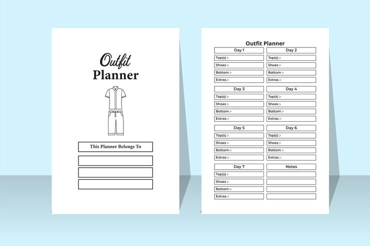 Vector cuaderno planificador de atuendos interior de kdp plantilla de diario de lista de telas y planificación de ropa de moda diaria libro de registro de interiores de kdp cuaderno de seguimiento de información regular del diseñador de vestuario y planificador de atuendos
