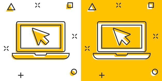 Cuaderno portátil de dibujos animados de vector con el icono del cursor del mouse en estilo cómico Pictograma de ilustración de pantalla de computadora portátil Concepto de efecto de salpicadura de negocio de monitor de computadora