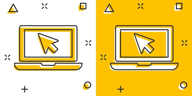 Vector cuaderno portátil de dibujos animados de vector con el icono del cursor del mouse en estilo cómico pictograma de ilustración de pantalla de computadora portátil concepto de efecto de salpicadura de negocio de monitor de computadora