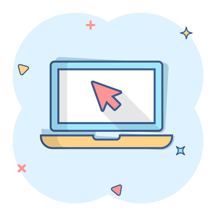 Vector cuaderno portátil de dibujos animados de vector con el icono del cursor del mouse en estilo cómico pictograma de ilustración de pantalla de computadora portátil concepto de efecto de salpicadura de negocio de monitor de computadora