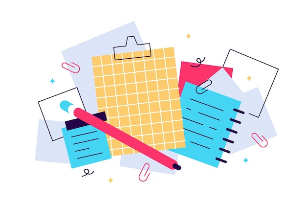 Cuadernos, blocs de notas, blocs de notas, planificadores, organizadores para escribir notas y anotar aislado sobre fondo blanco. Elementos decorativos de diseño. Ilustración colorida en estilo plano.
