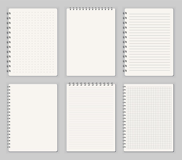 Cuadernos con puntos forrados Cuaderno de bocetos páginas en blanco con vista de variedad Maquetas aisladas de vector de Bloc de notas Maqueta en blanco con sombra Plantillas en blanco de bloc de notas de espiral limpias de diseño de arte