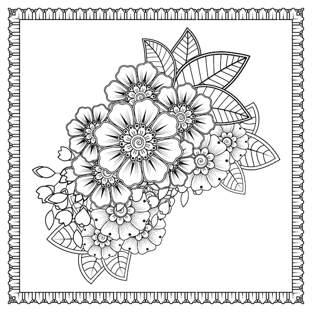 Cuadrado con flores en estilo mehndi. decoración en adornos étnicos orientales, doodle.