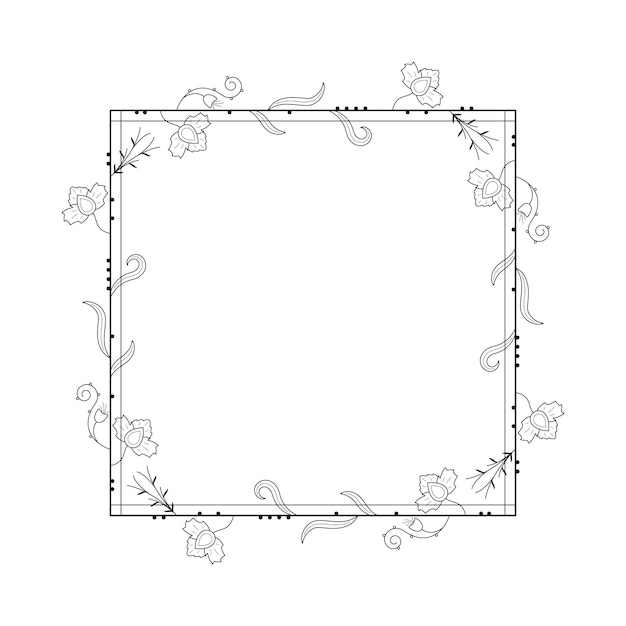 Cuadrado de línea simple negro abstracto con hoja hojas marco flores Doodle contorno elemento Vector