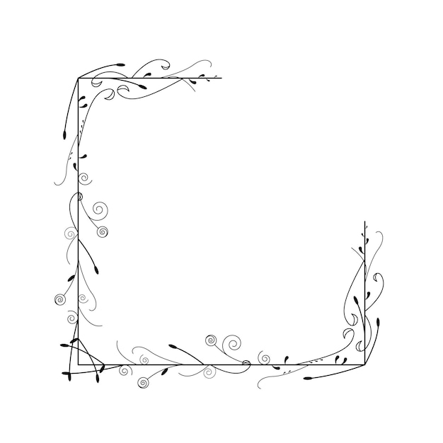 Cuadrado de línea simple negro abstracto con hoja hojas marco flores Doodle contorno elemento Vector