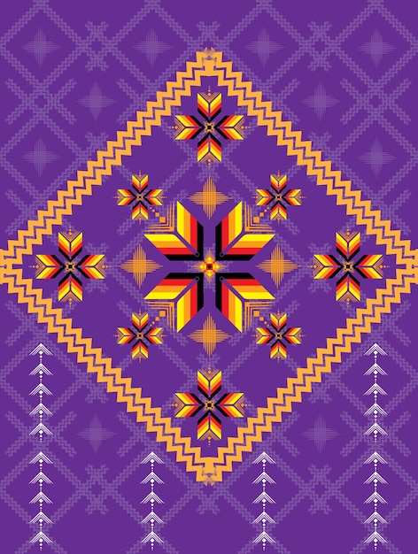 Vector un cuadrado morado y amarillo con un patrón de flores y una estrella que dice 