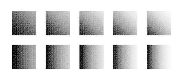 Vector cuadrados con diferentes densidades de gradiente de variación de mapa de bits aislados en el dorso blanco