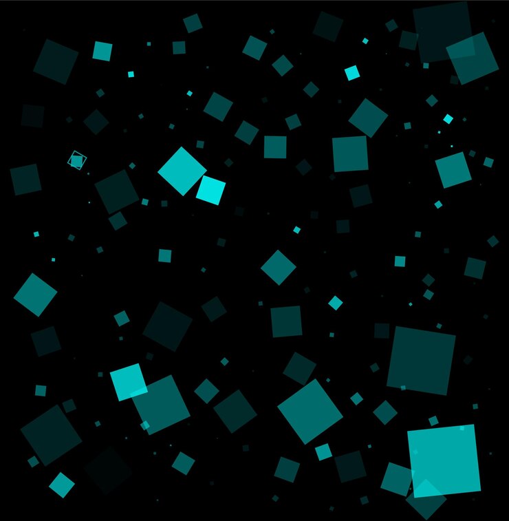 Vector cuadrados de teal esparcidos en el negro