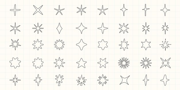 Una cuadrícula de 40 formas de estrellas dibujadas a mano Cada estrella es única con varios puntos y estilos Los diseños de estrellas son simples y variados en forma Conjunto de vectores de elementos