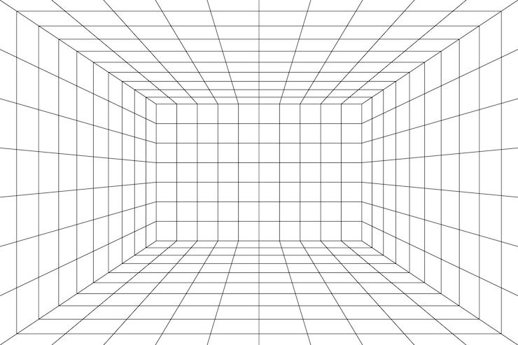 Vector cuadrícula digital del espacio de la habitación 3d con perspectiva de un punto