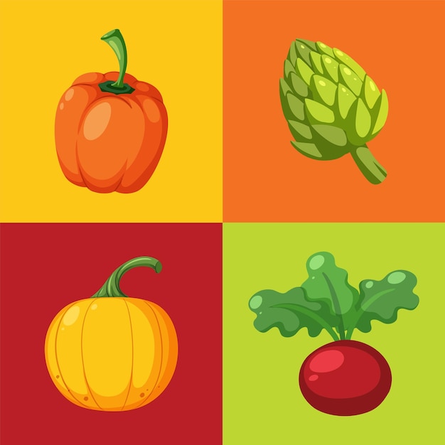 Una cuadrícula de ilustraciones coloridas de verduras
