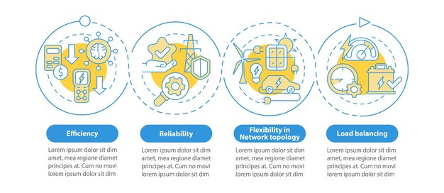 Vector la cuadrícula inteligente presenta una plantilla infográfica de círculo azul visualización de datos con 4 pasos gráfico de información de la línea de tiempo del proceso diseño del flujo de trabajo con iconos de línea myriad probold fuentes regulares utilizadas