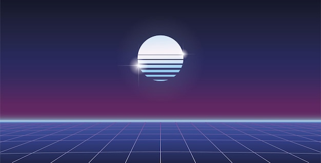 Una cuadrícula retro de los años 80 con un círculo sobre el horizonte.