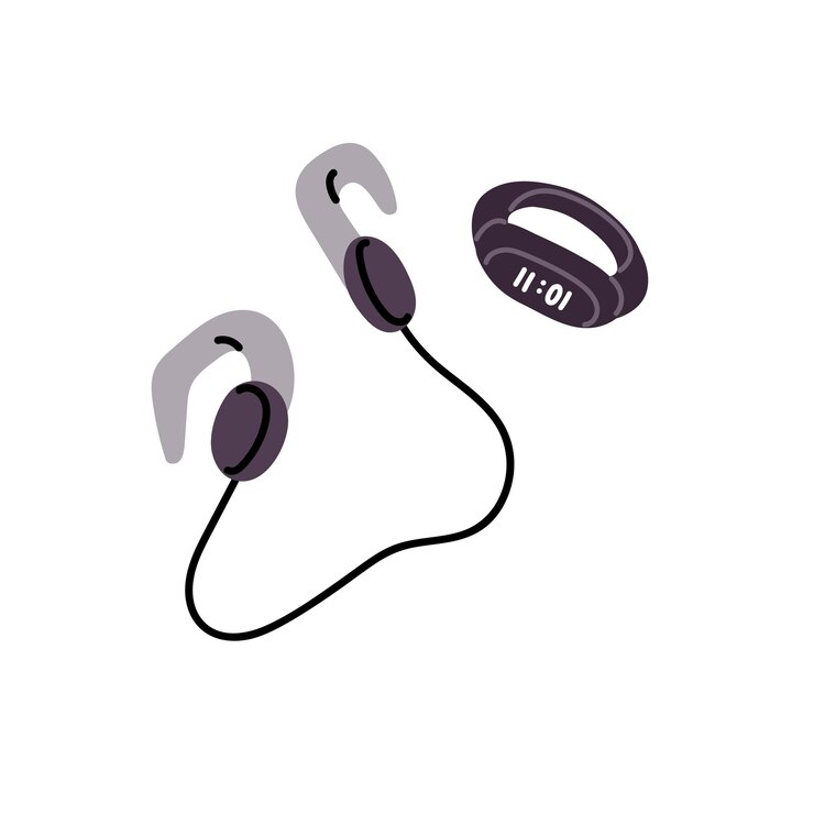 Vector cuadrillo de fitness reloj inteligente para el seguimiento de actividades relojes digitales reloj de muñeca electrónico para el entrenamiento correr auriculares auriculares equipos deportivos ilustración vectorial aislada plana en blanco