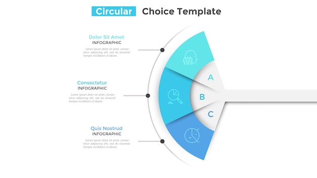 Cuadro en abanico dividido en 3 partes o piezas. Concepto de tres características u opciones comerciales para elegir. Plantilla de diseño de infografía simple. Ilustración de vector plano moderno para sitio web, presentación.
