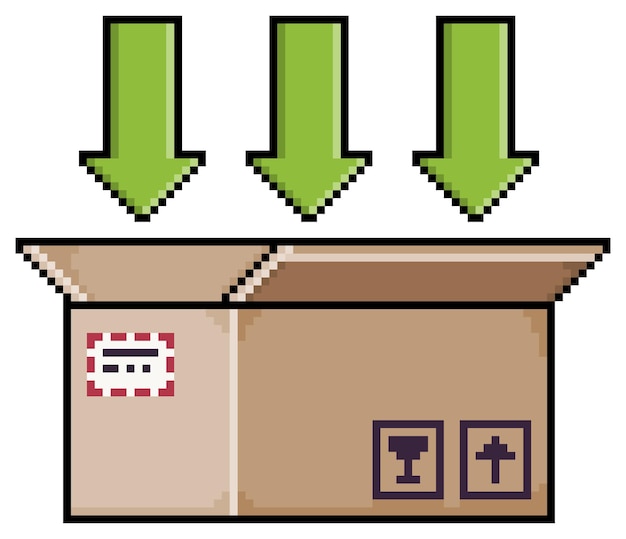 Cuadro abierto de pixel art con flecha verde, icono de vector de caja de cartón para juego de 8 bits sobre fondo blanco