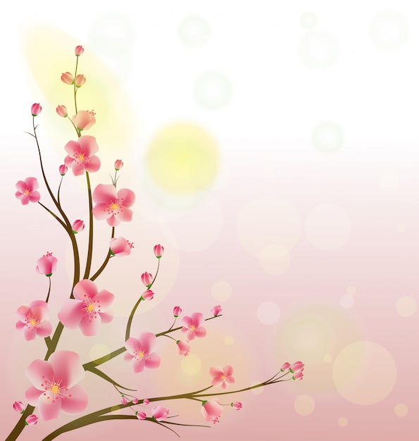 Cuadro acuarela de sakura. Fondo con ramas de cerezo en flor.