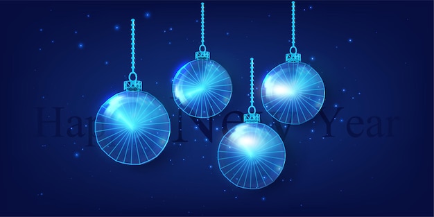 Cuadro de alambre Bola de Navidad de estilo low poly Fondo de Año Nuevo Azul Etéreo con adornos colgantes luminosos y cielo nocturno estrellado Composición de marco de alambo poligonal Aislado sobre fondo azul