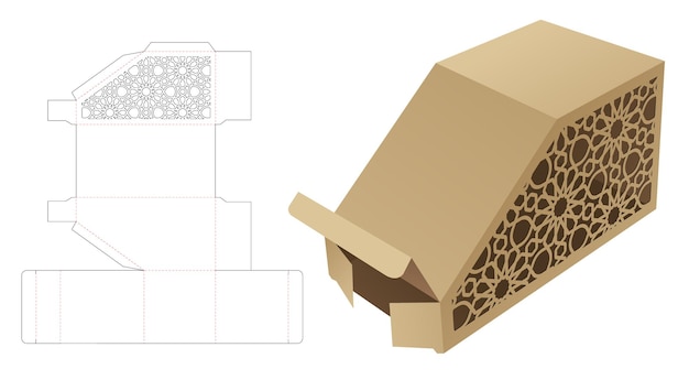 Cuadro biselado con plantilla troquelada de ventana de patrón árabe y maqueta 3d