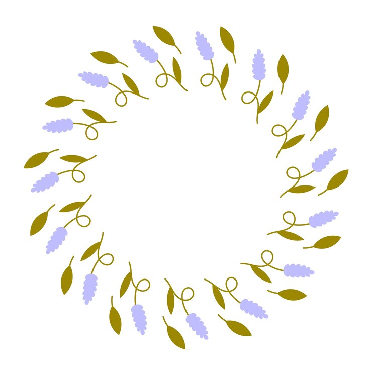 Vector cuadro de círculo floral de lavanda corona de flores perfumadas con flores púrpuras y hojas tarjeta de felicitación