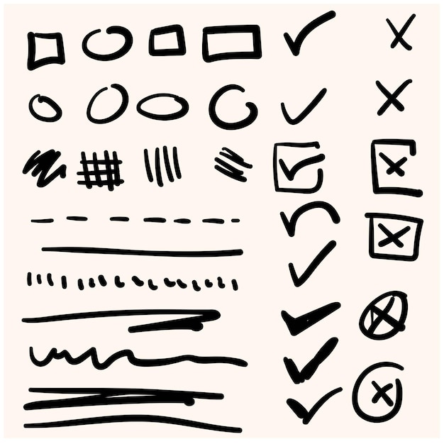 Cuadro de comprobación de marcador Marca vectorial dibujada a mano para la lista Círculo de trazo de pincel Línea redonda Icono de marca