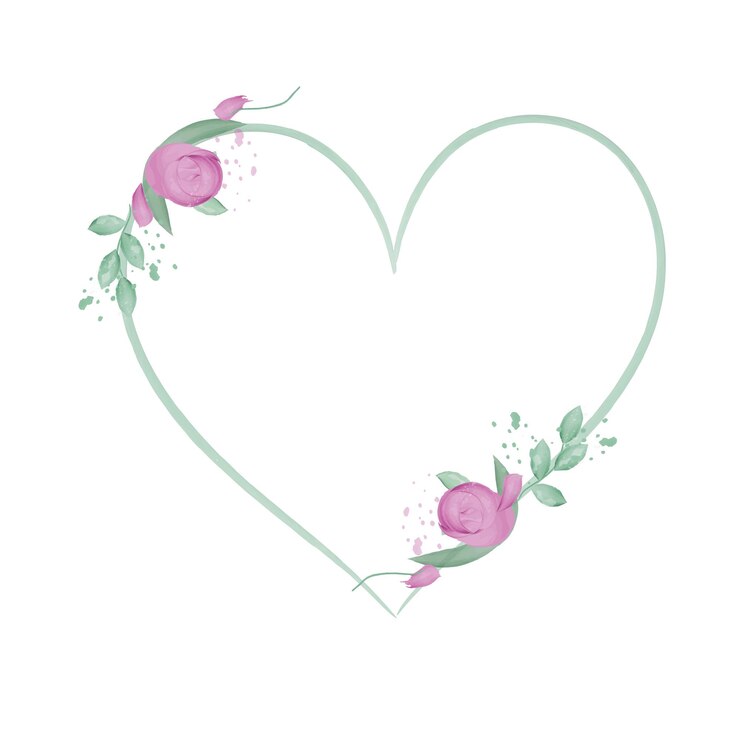 Cuadro de corazón de acuarela con rosas rosas y hojas verdes