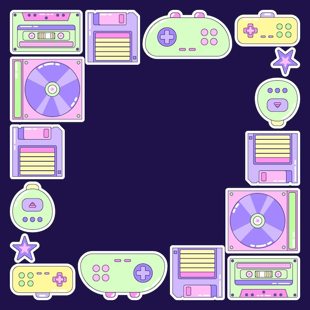 Cuadro cuadrado de videojuego y música elementos multicolores en fondo oscuro ilustración retro con