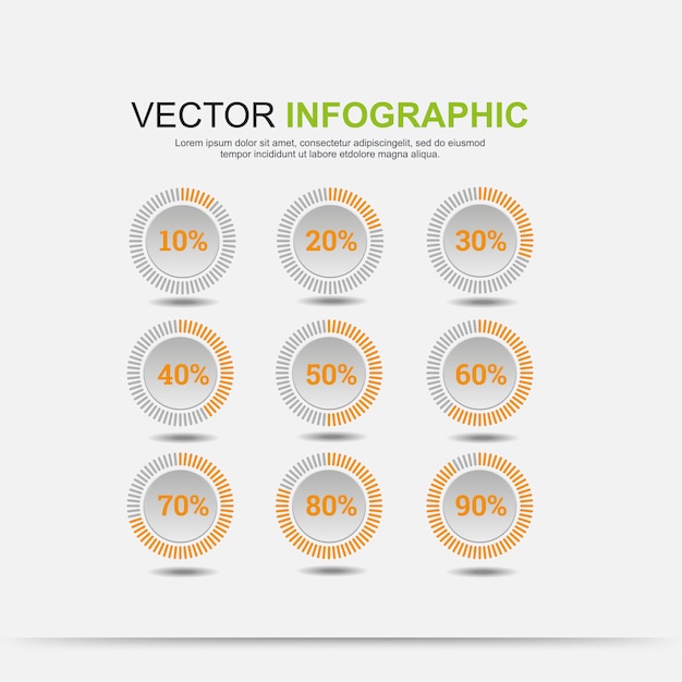 Vector cuadro de elementos infográficos circulares con indicación de porcentajes.