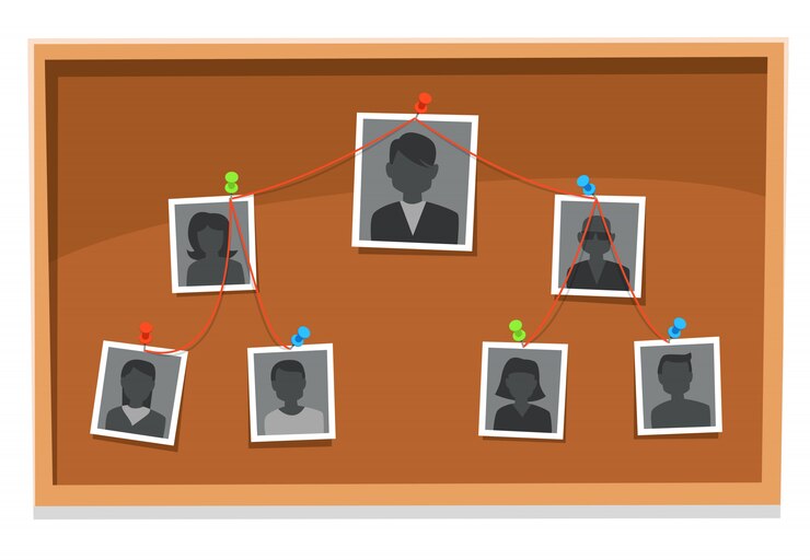 Vector cuadro de estructura de equipo. junta de miembros de la compañía, fotos del equipo de trabajo ancladas y organigrama de la organización ilustración de investigación