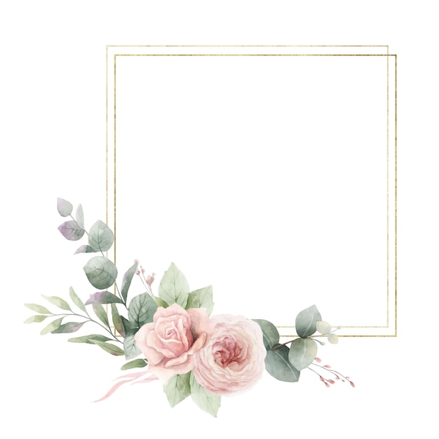 Cuadro floral cuadrado de acuarela con forma geométrica dorada Flores de rosas rosadas polvorientas