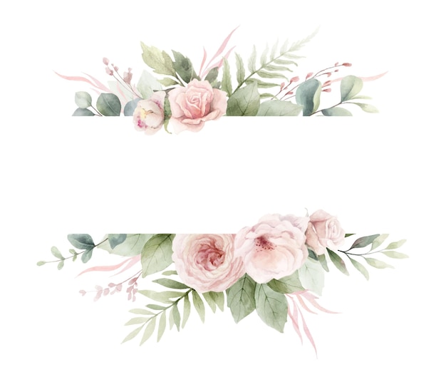 Cuadro floral vectorial de acuarela con borde con rosas rosas flores ramas de eucalipto y textura