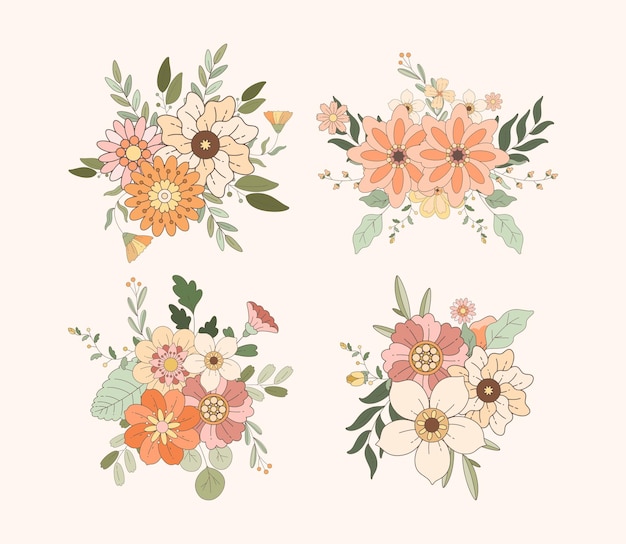 Cuadro de flores retrógradas dibujadas a mano