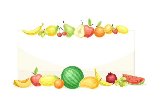 Cuadro de frutas rectangulares brillantes con ilustraciones vectoriales de cultivos de jardín maduros y frescos
