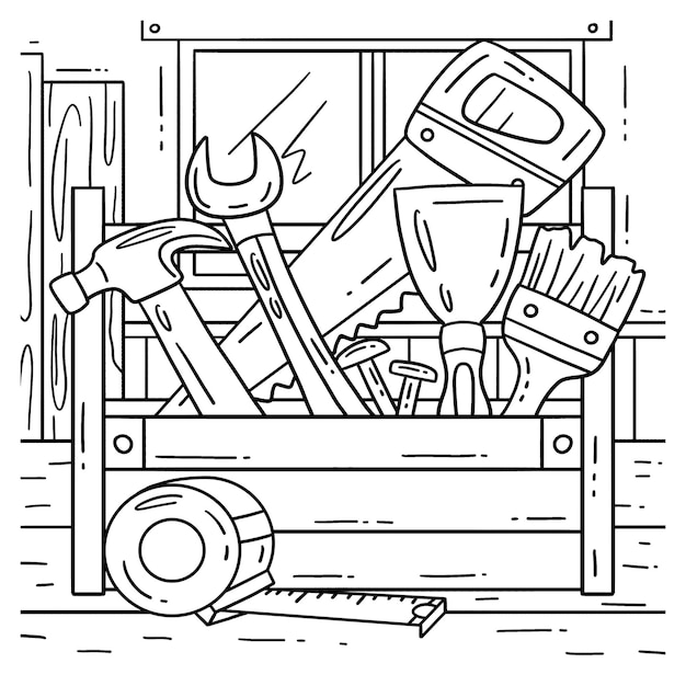 Vector cuadro de herramientas de construcción página para colorear para niños