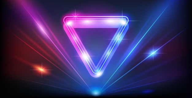 Cuadro de neón triangular con halo de rayos brillantes