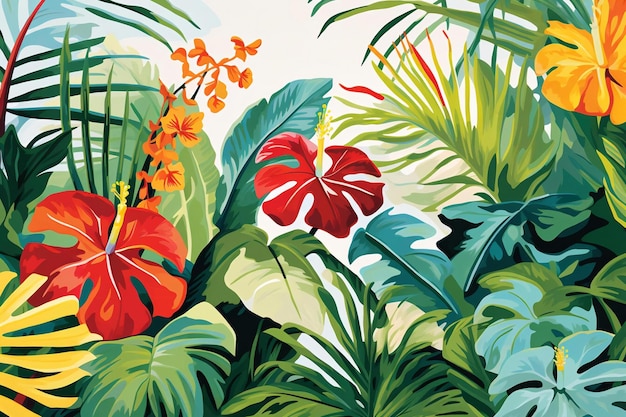 Un cuadro de plantas y flores tropicales