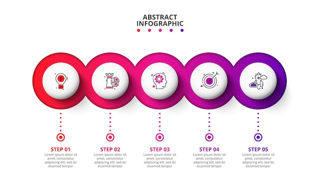 Cuadro de proceso con 5 círculos superpuestos colocados en fila horizontal. plantilla de diseño infográfico.