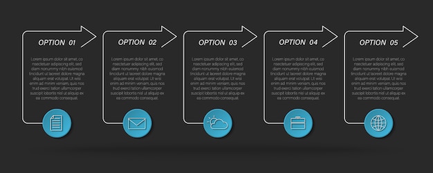 Cuadro de texto moderno infográfico, proceso de línea de tiempo con 5 opciones, flechas